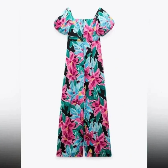 Zara Floral Print Satin Like Jumpsuit Puff Sleeve Size Medium Blogger Fave - Picture 6 of 14
